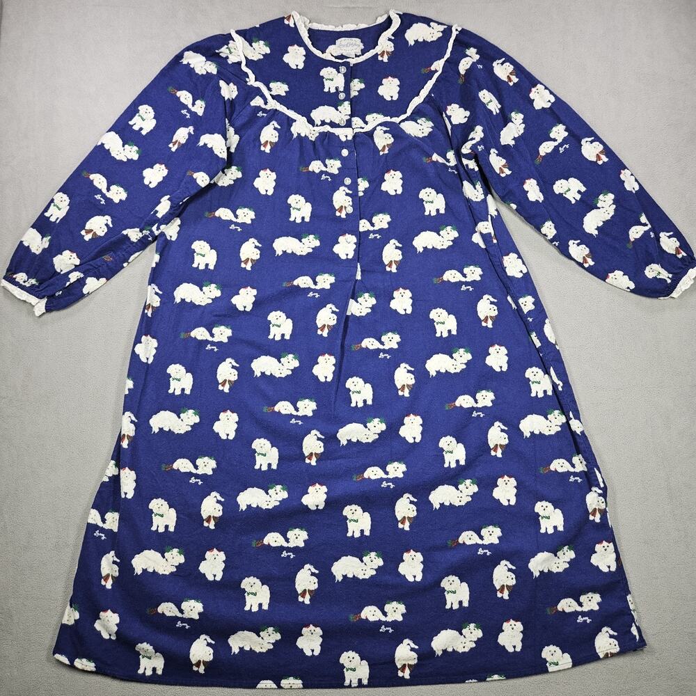Lanz Salzburg Puppy Love Flannel Nightgown Womens M Cotton Yorkie Navy Blue - Picture 2 of 13